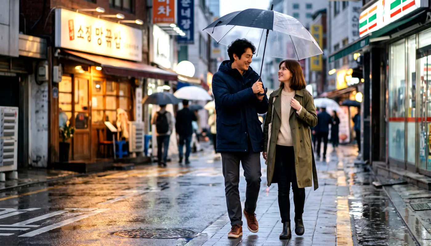 Two people walking a rainy shopping street in Seoul